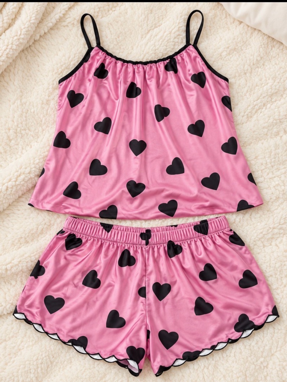 Pink Heart Print Satin Cami & Short Sleep Set